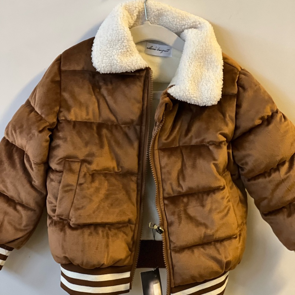 NWT - Brown Puffer Jacket with White Sherpa Collar